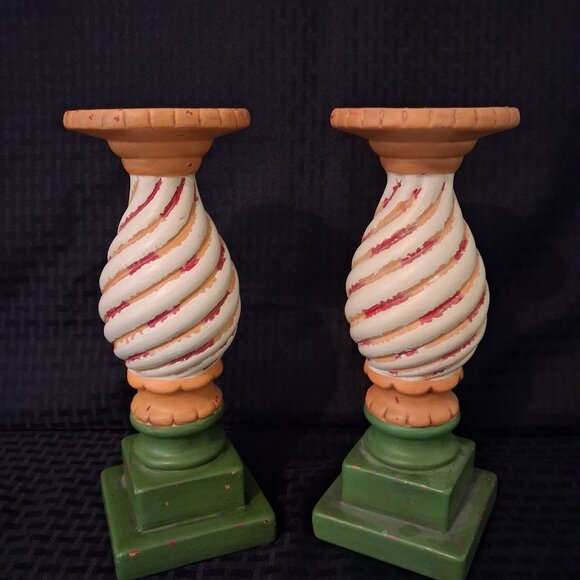 Southern Living at Home Carousel PAIR Candle Holder Ceramic Pillar Stand 10" - Picture 1 of 5